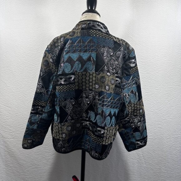 Vintage Tapestry Blue Black  Mandarin collar Full Zip jacket Abstract 2X - Picture 5 of 9